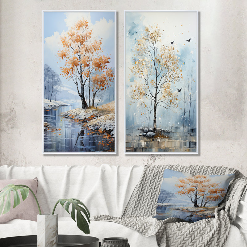 Doux tons de bleu érable - arbre érable, ensemble de 2 reproductions d'art sur toile, H 40 po x l 41 po, Cadre flottant blanc