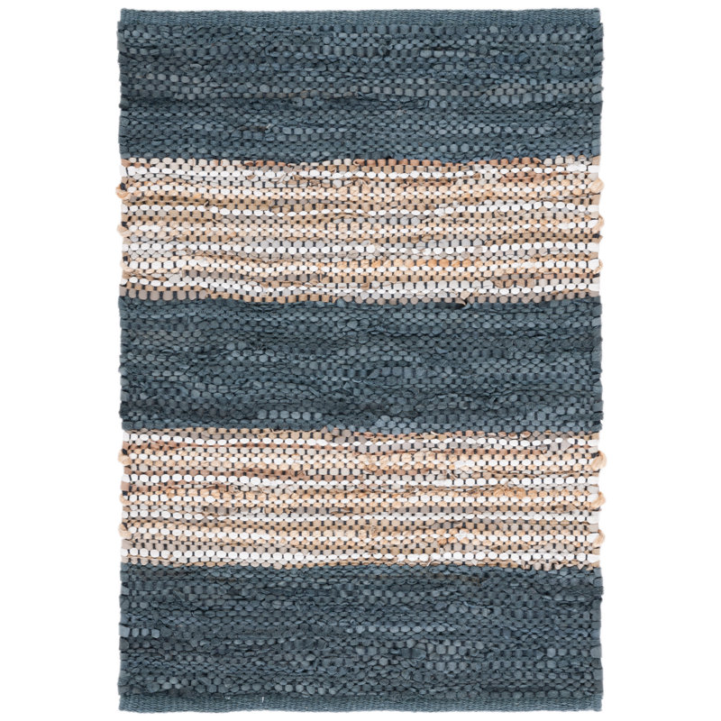 Gered Vintage Leather Hand Woven Leather/Jute Striped Rug in Dark Gray/Brown, Rectangle 5' x 8'