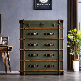 Vintage Green Canvas-Covered Wooden Chest 31.49'' W Dresser