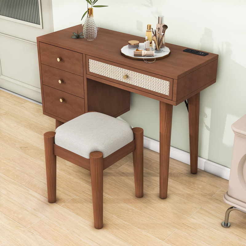 Retro Wood Makeup Vanity Set with Charging Plug, USB Port, 4 Storage Drawers and Stool, Walnut