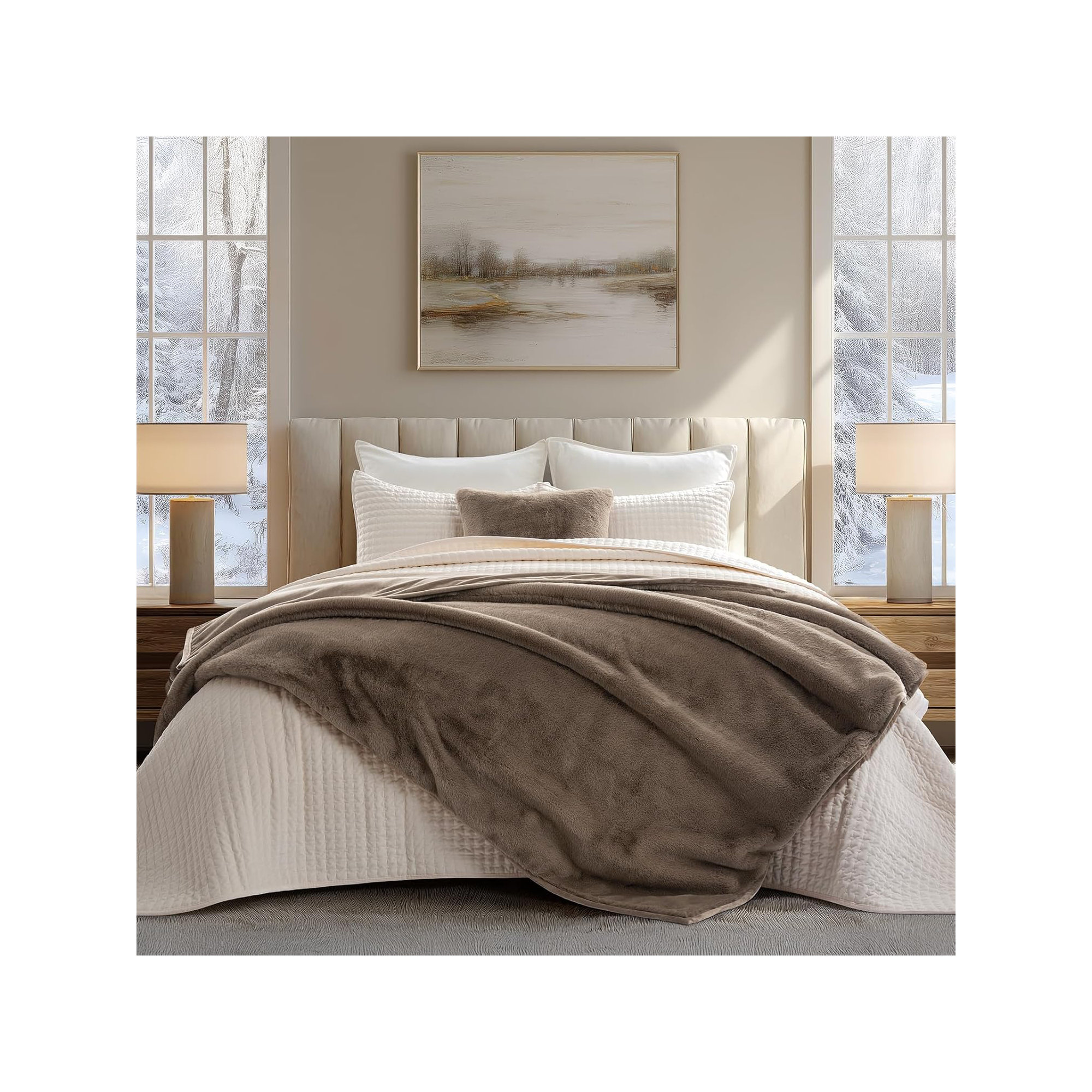 Luxury Mink Faux Fur Throw Blanket, Natural Tan, 50" W x 60" L