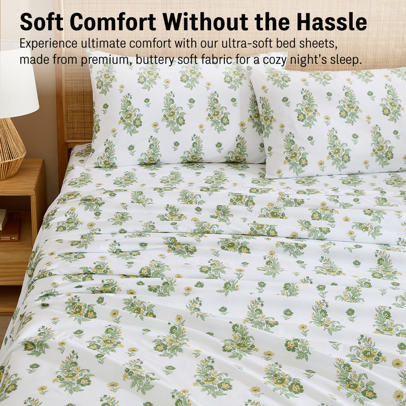 HLC.ME Color Block Printed Floral Bed Sheets - 4 Piece Patterned Bed Sheet Set - Wrinkle Resistant & Soft - Fits Mattresses Up To 15 Inches Deep (King, Green)