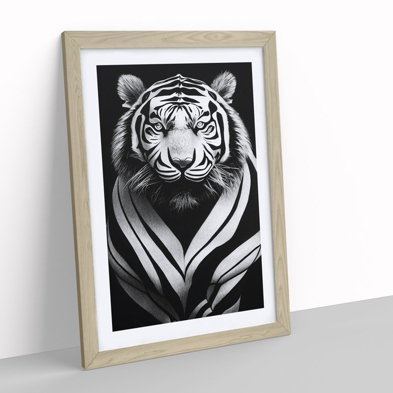 Monochrome Tiger No.7 - Wall Art, 64cm H x 46cm W x 2cm D, Oak Framed
