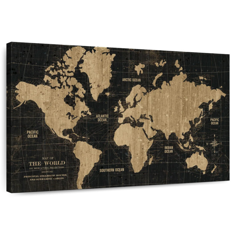 Old world map black gold Aletra, H 34 po x l 51 po