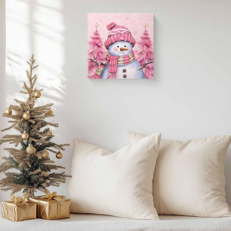 Art mural en toile rose avec bonhomme de neige et bonhomme de neige 16 po x 16 po