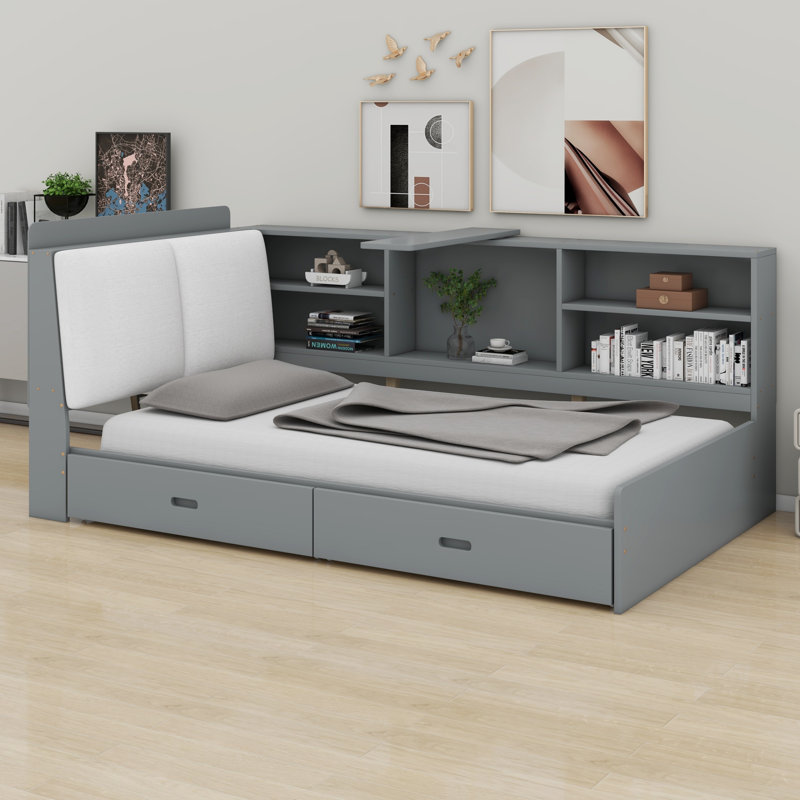 Lit plateforme en bois avec tablettes et 2 tiroirs, tête de lit avec rangement, Gris