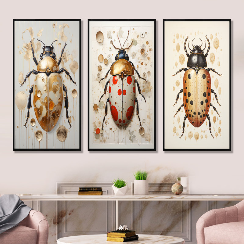 Ensemble de 3 reproductions d'art or et insectes et insectes, Cadre flottant noir, H 32 po x l 48 po