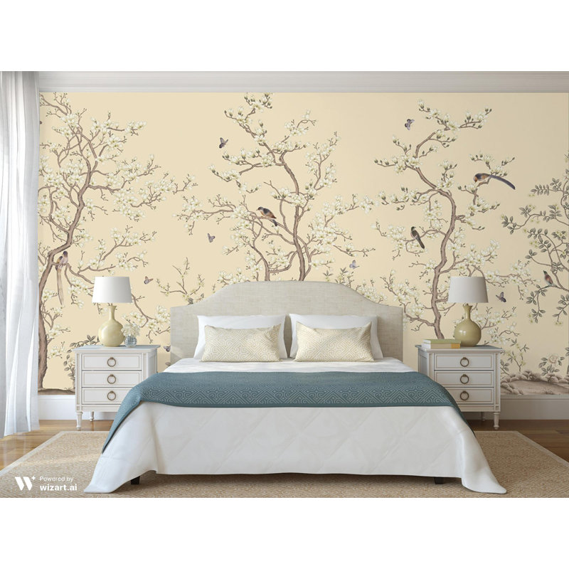 Papier peint chinois Serene Blossom, Jaune, L 88 po x l 163 po
