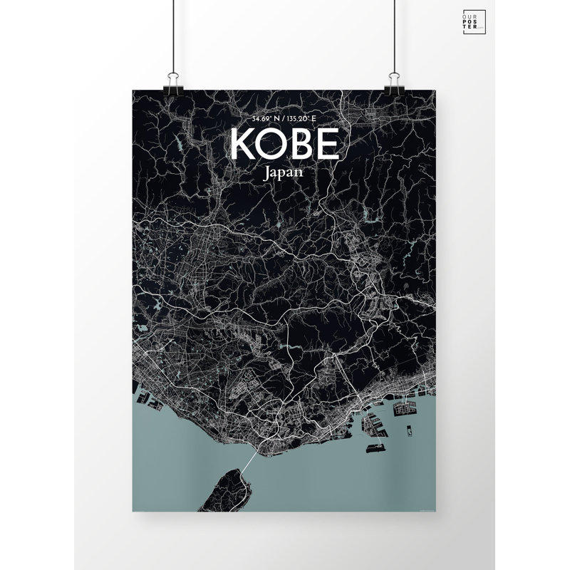 Kobe City Map - Unframed Graphic Art Print on Paper, 61cm H x 45.7cm W x 0.1cm D, Light Blue