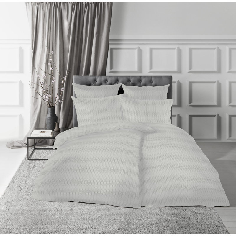 Cotton Damask Duvet Cover Set with Pillowcases, Silver, 155 x 200 cm - 1 Pillowcase (80 x 80 cm)