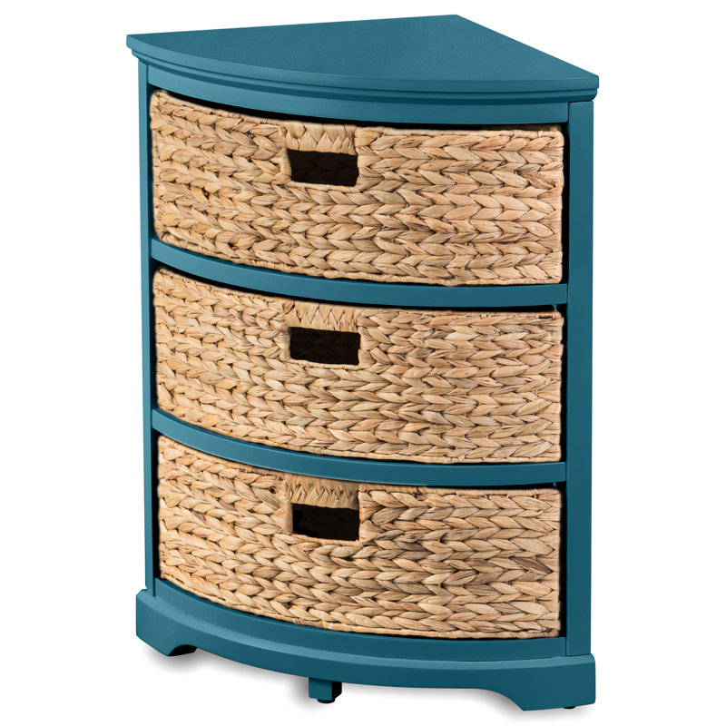Breunig Solid Wood 3 Drawer X-Side Corner Storage Drawer with 3 Wicker Baskets, Teal, Teal