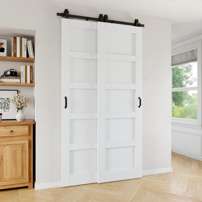 96" H X 52" W 5-Panel White Primed Solid Core Sliding Bypass Barn Door Double Doors With Hardware Kit - No Assembly