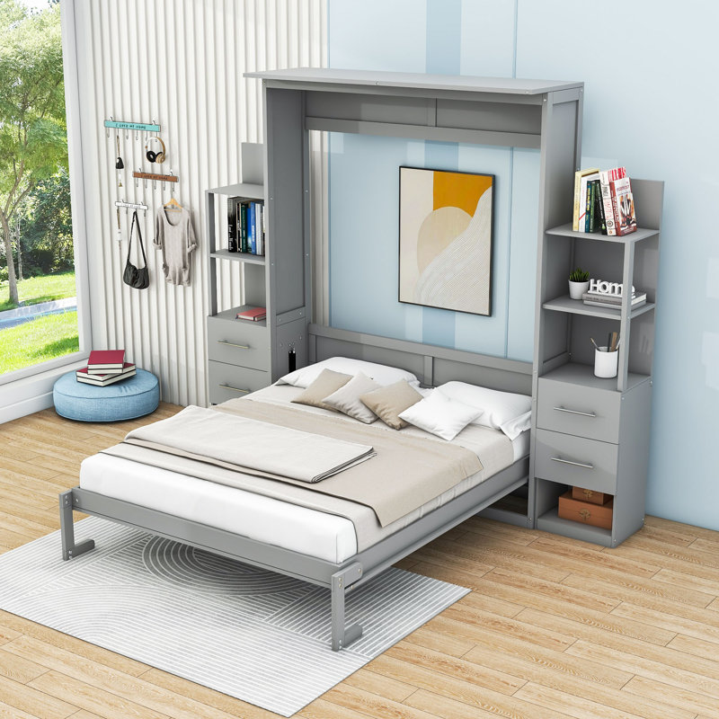 Lit escamotable polyvalent avec tablettes de rangement et tiroirs Sebatian, gris, Grand
