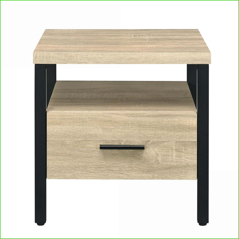 Table basse en chêne et noire à 1 tiroir pour le salon / la chambre à coucher, peu encombrante avec des pieds en métal durables