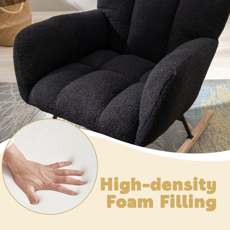 Modern Tufted Teddy Fleece Rocking Chair with Side Pocket, Glider Chair for Nursery & Living Room, Comfy Upholstered Rocker with Wood Sled Base& Metal Frame( Black)