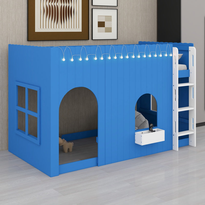 Lit mezzanine avec lumière DEL chaude intégrée, peu encombrant, Bleu Klein, Lit simple