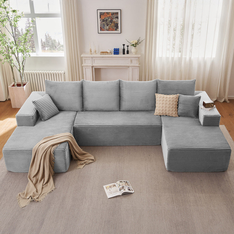 Boneless Cloud Modular Sectional Couch for Living Room, Large U-Shaped Floor Sofa Set with 6 Pillows, 144.9x69.7 Fluffy Deep-Seat Comfy Corduroy Sofa with Left & Right Chaise Lounges, No Assembly