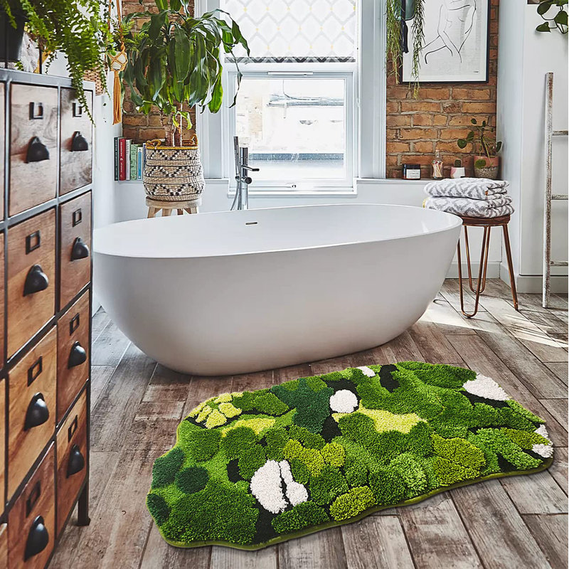 Mignon tapis de couloir de salle de bain vert mousse à longues feuilles rectangulaires de style bohème avec tapis de bain à poils longs antidérapant