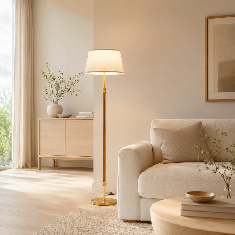 Lampe sur pied de 63 po en bois avec abat-jour en lin, grande lampe sur pied avec accents en aluminium brossé doré pour le salon et la chambre à coucher