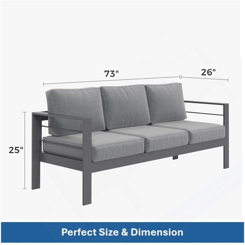 73" All-Weather Aluminum Patio Sofa, 3 Seat Outdoor Couch With  Thick Dark Gray Cushions & Gray Frame, Gray, Dark Gray