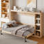 Lit double avec teinte naturelle et fonction de bibliothèque fonctionnelle, conception compacte pour la chambre d'amis, plusieurs espaces de rangement, pas de sommier nécessaire, étapes d'assemblage simples attrayantes