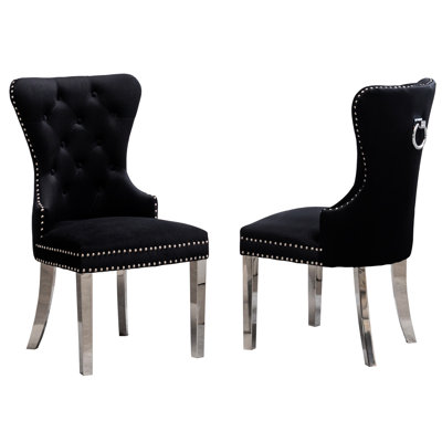Contemporary Armchairs In Black Velvet With Construction Chair (2pcs), Velvet. Button Detailing. Nailhead Trim. Decorative Ring At Back. Solid Wood & Stainless Steel Legs. 22"w X 24.93"d 39.1"h.