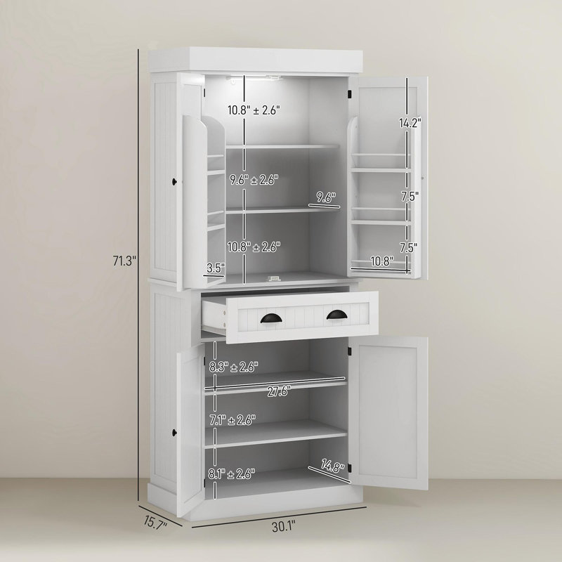 Armoire de cuisine de style nordique avec lumières DEL, 6 tablettes de porte, un tiroir et 4 tablettes réglables, pour votre maison
