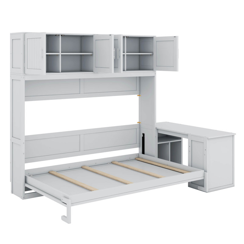 Grand lit escamotable avec bureau et tablettes, Blanc