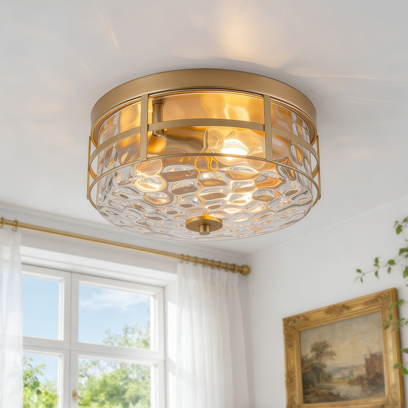 Plafonnier encastré 3 lumières avec abat-jour en verre martelé transparent et métal, Doré