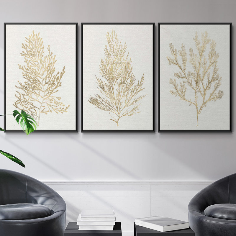 " Gilded Algae IV " 3 - Pieces, 27" H x 54" W, Black Framed
