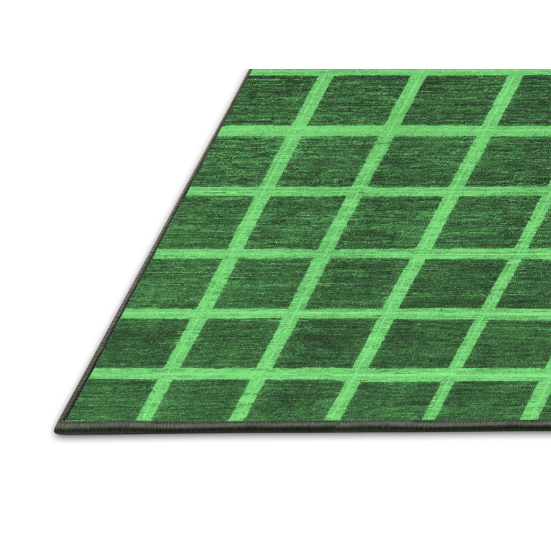 Tapis à carreaux en laine / polyester tissé à la machine en vert, Rectangle 7 pi x 10 pi