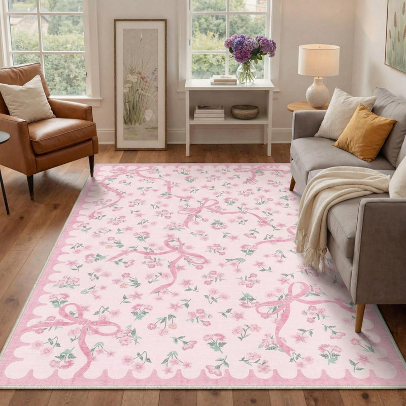 5' X 7' Pink Bow Floral Rug for Nursery & Vanity