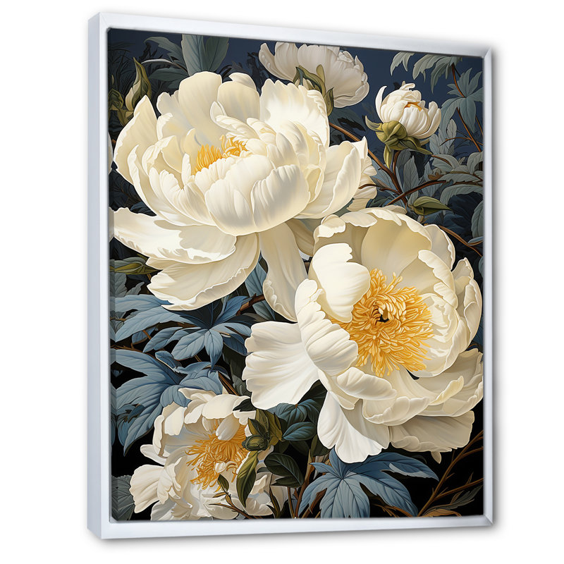 Pivoines botaniques rétro dévoilées sur toile, H 32 po x l 16 po x P 1 po, Cadre flottant blanc