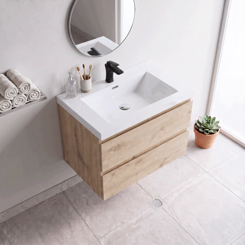 Meuble-lavabo suspendu en mélamine de bois de 35,43 po avec portes à fermeture amortie et lavabo intégré en résine, entièrement assemblé.