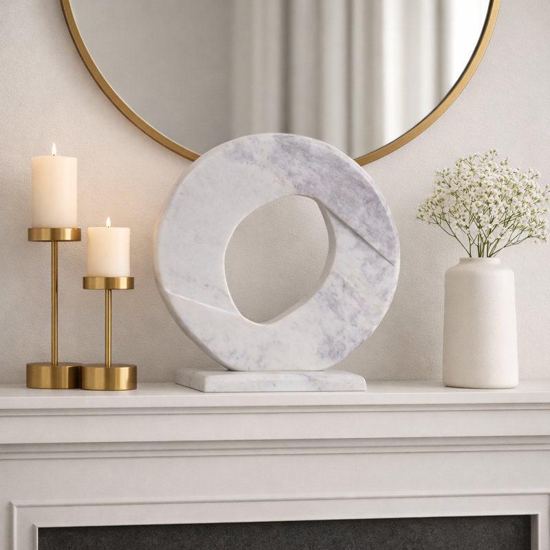Elegant Carved Marble Ring Sculpture - Timeless Decorative Object Figurine For Home Decor - Accent Statue For Living Room Decorations - 17", White