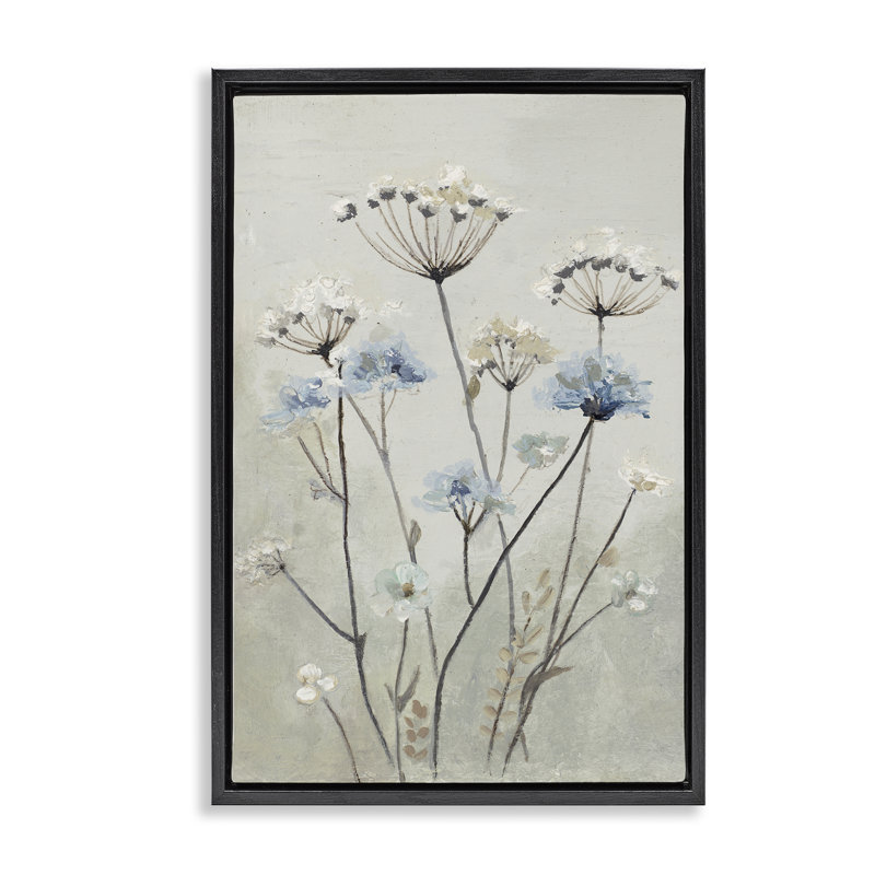 «Neutral & Blue Dandelions», par Patricia Pinto, Cadre flottant noir de jais, H 25 po x l 17 po