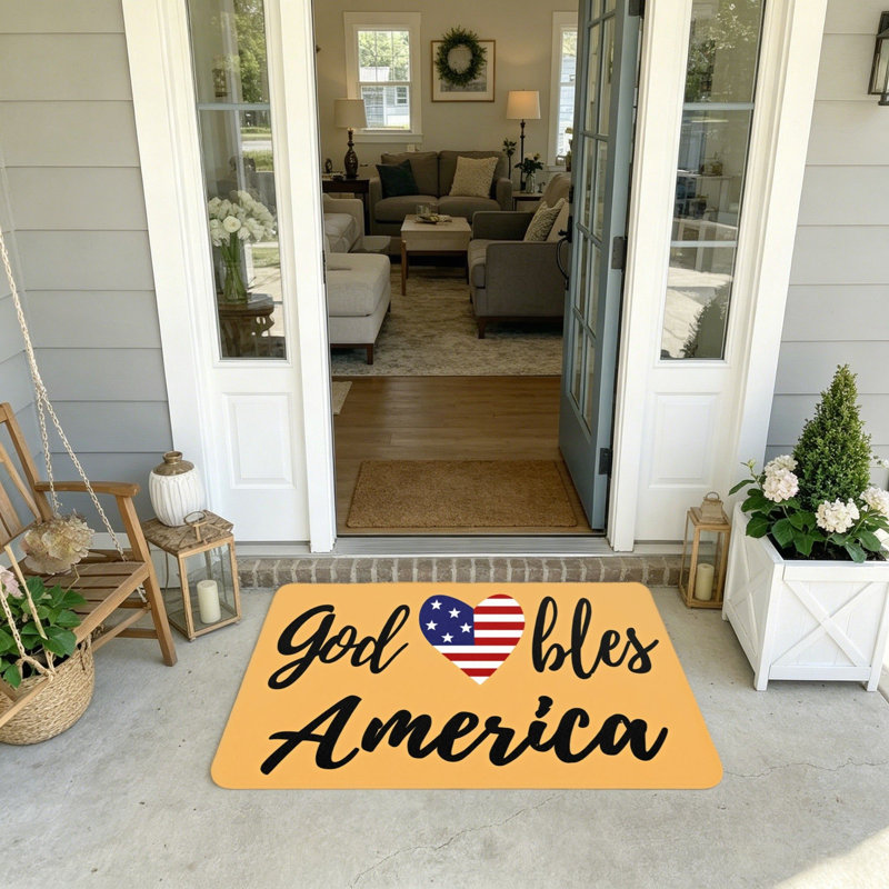 Tapis de bienvenue pour entrée de drapeau de cœur «God Bless America» de l'Independence Day 20 po x 32 po