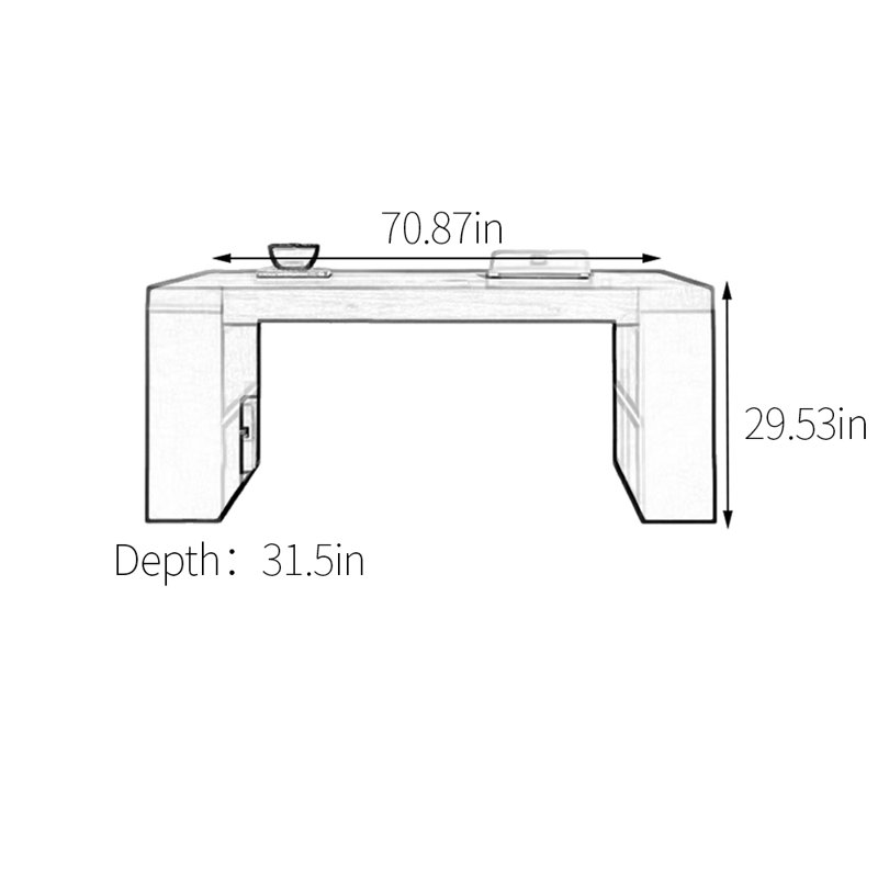 Bureau 4 pieds à tablette ouverte, H 29,53 po x l 70,87 po x P 31,5 po