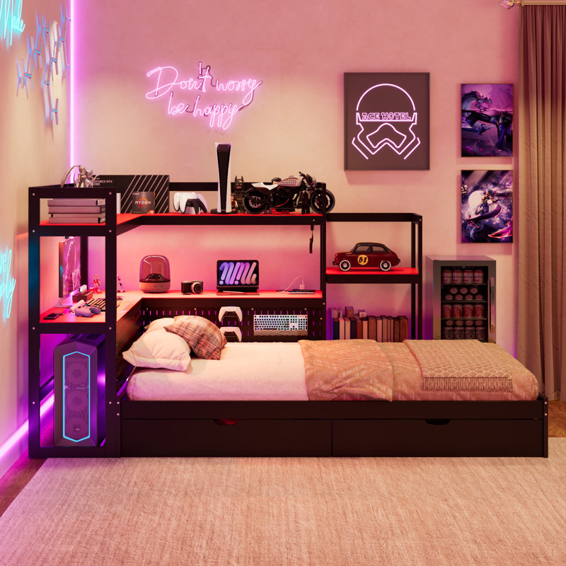 Lit de jour avec bureau intégré et lumière DEL, base de lit moderne avec 3 tiroirs de rangement et station de charge intégrée, bibliothèque multifonctionnelle pour tête de lit
