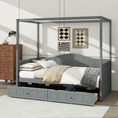 Lit à baldaquin simple avec deux tiroirs, structure de lit plateforme en bois