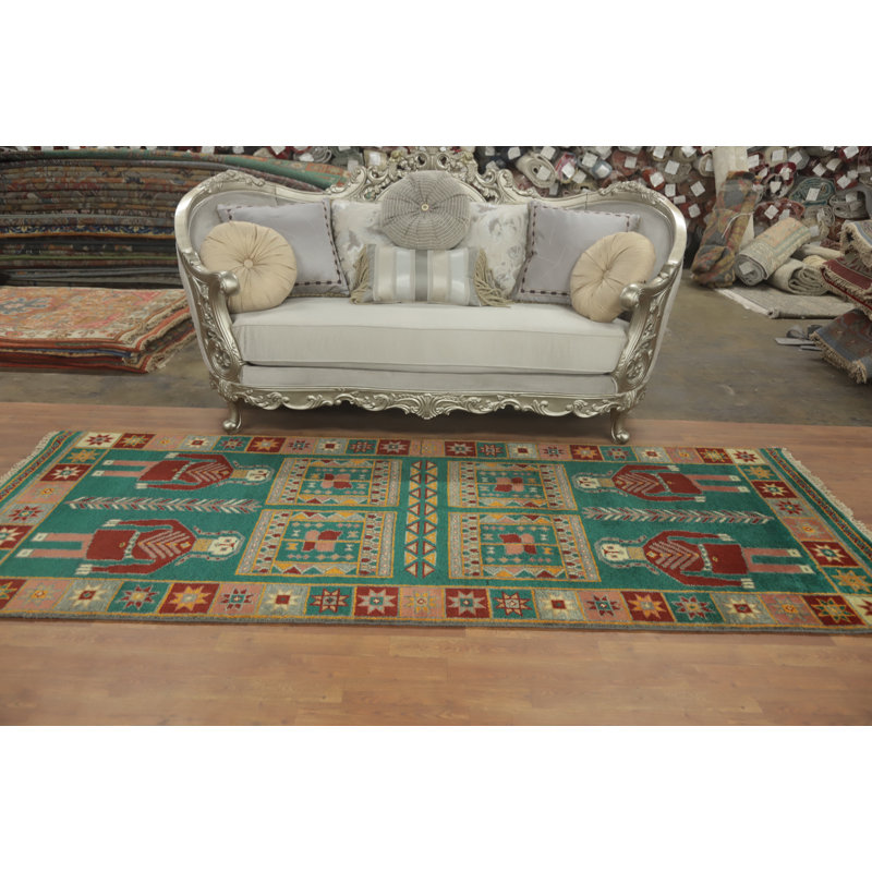 Tapis de couloir indien en laine vert style Kazak 4 x 10