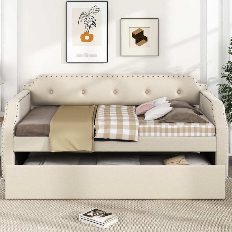 Lit de jour rembourré avec lit gigogne, lin beige, lit simple pour salon extensible, Beige