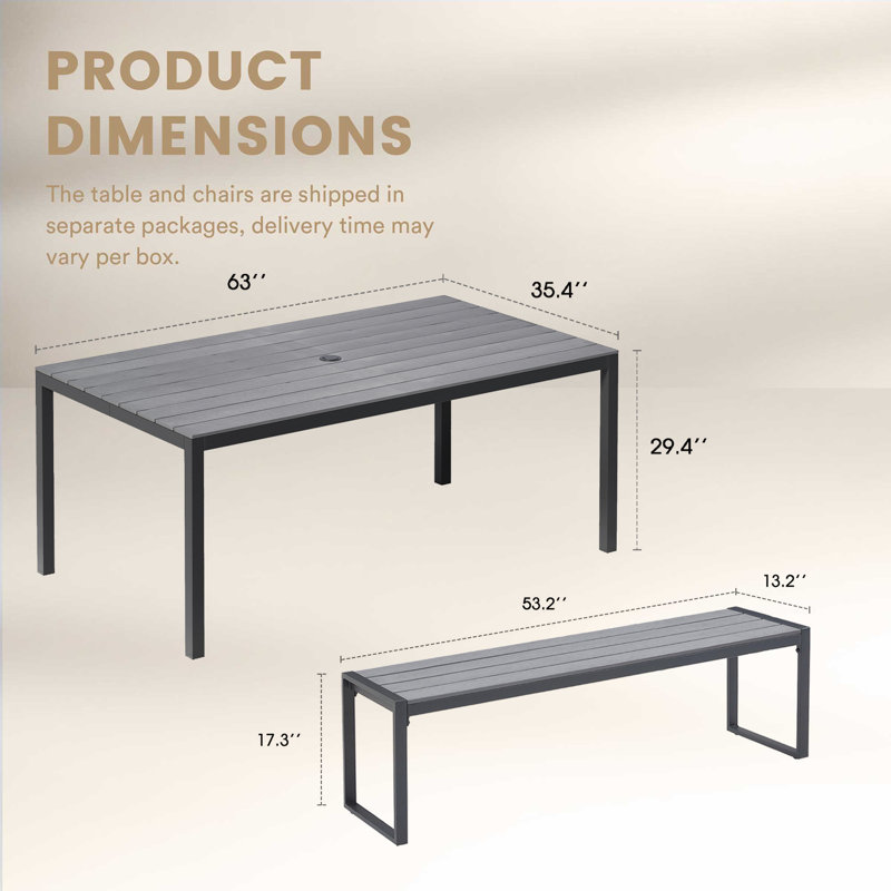 Rectangular Patio Dining Set Wtin Benchs, Gray