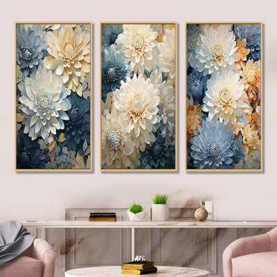 «Mums White and Blue Elegance», ensemble de 3 impressions sur toile Mums