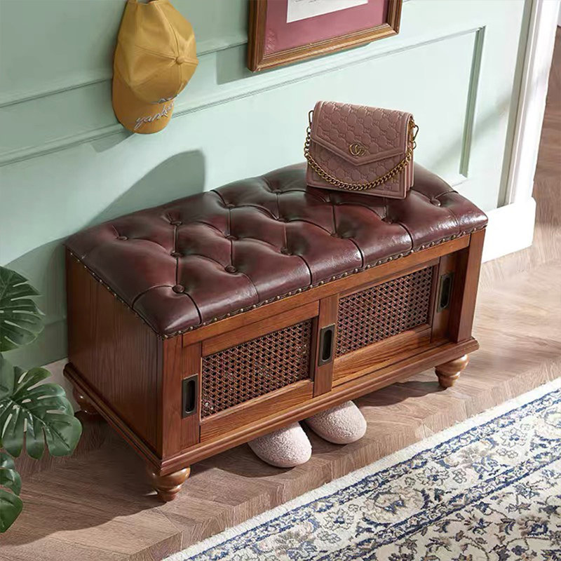 Banc rembourré en cuir véritable brun noisette, H 17,72 po x l 39,37 po x P 14,96 po