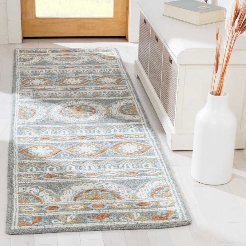 Tapis floral en laine / coton touffeté à la main Muhtar, Tapis de couloir 2 pi 3 po x 12 pi