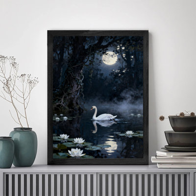 Black Framed Vintage The white swan on the lake surface where white lotus flowers grow under the moonlight Wall Art Retro Style Framed Prints