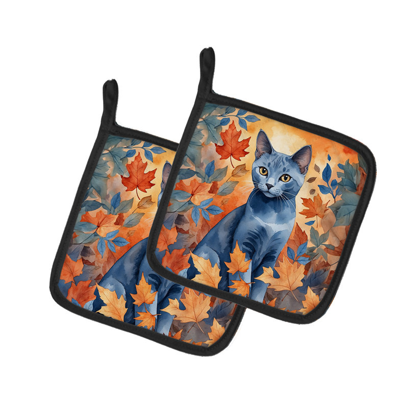 Paire de supports à casseroles russes pour chat bleu en feuilles d'automne