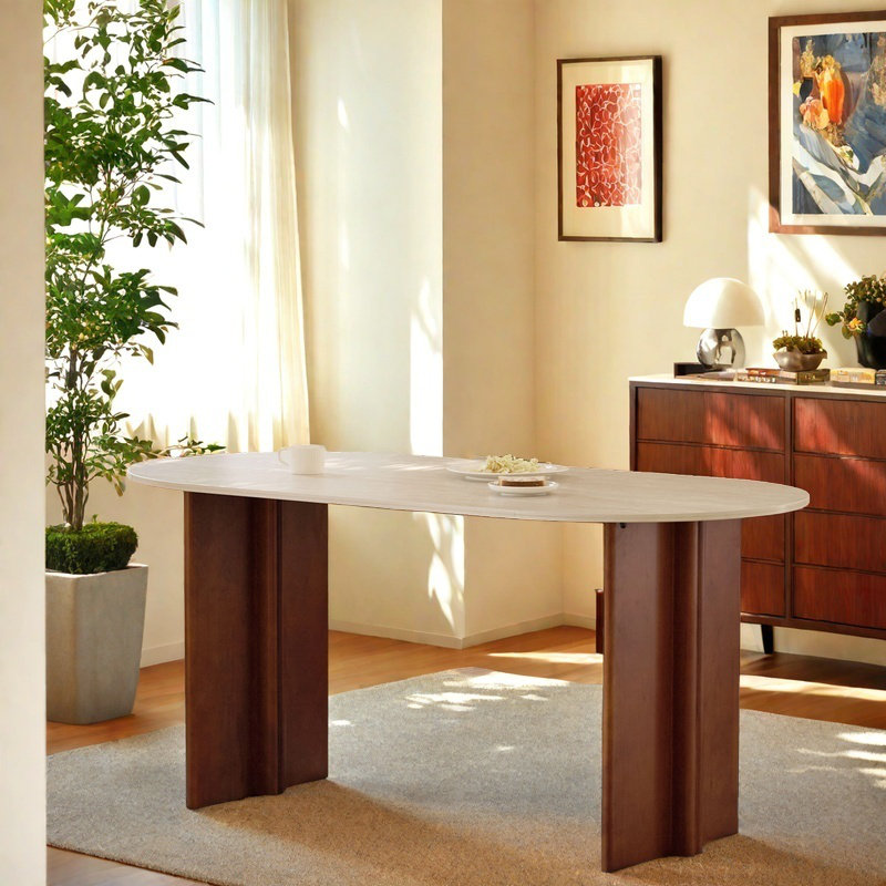 Stylish Rock Slab & Cherry Wood Dining Table., 29.53"H x 70.87"L x 31.5"W