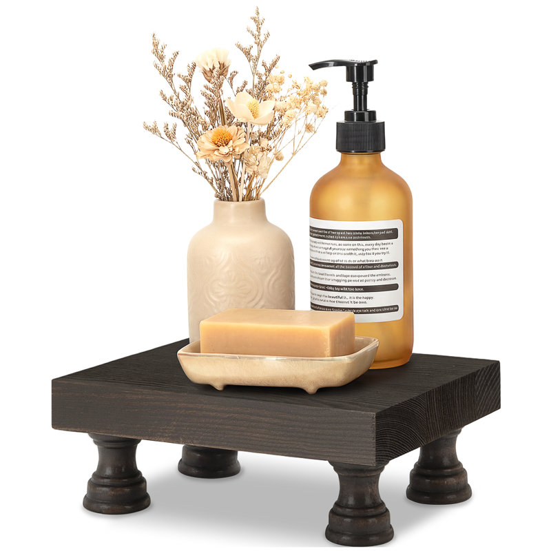 EOSAHR Retro Pine Wood Riser Display Stand for Home Decor - Farmhouse Pedestal Stand Can be used as Sponge Holder & Plant Stand - Countertop Organizer for kitchen & Bathroom(Distressed Black)